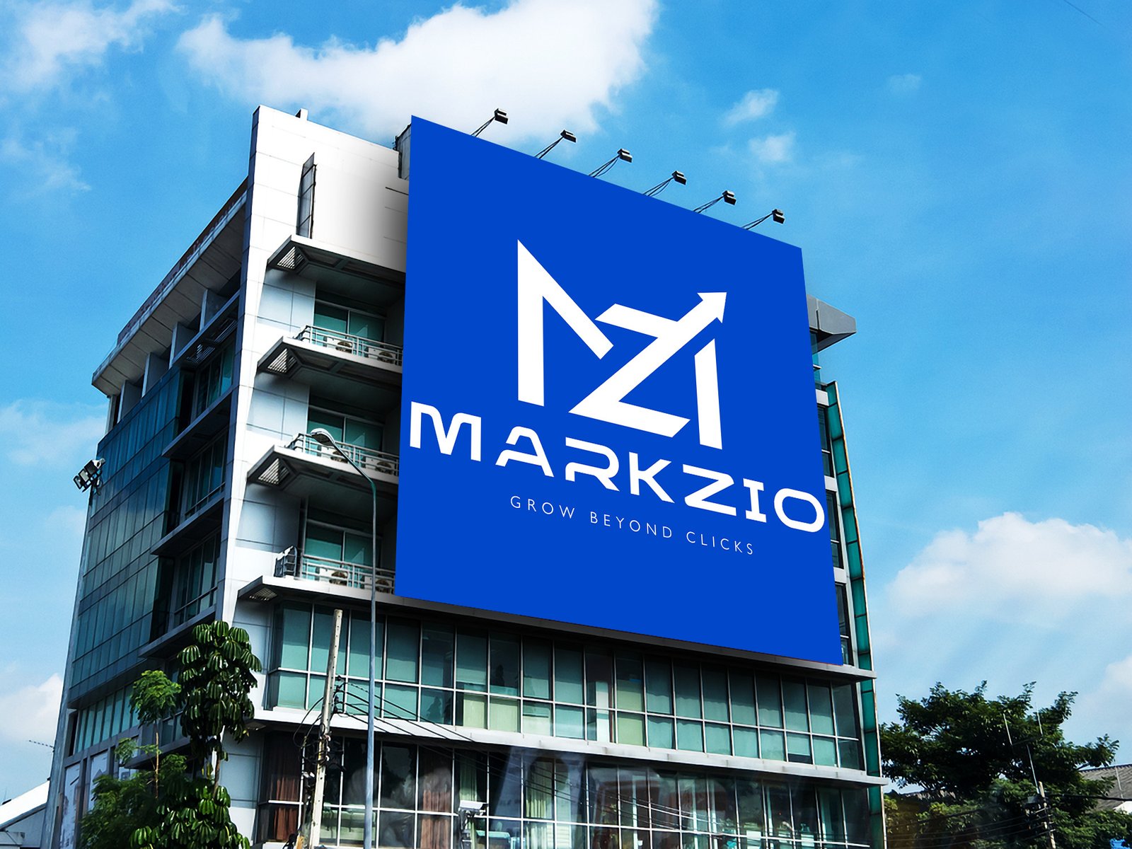 Markzio logo on a building billboard