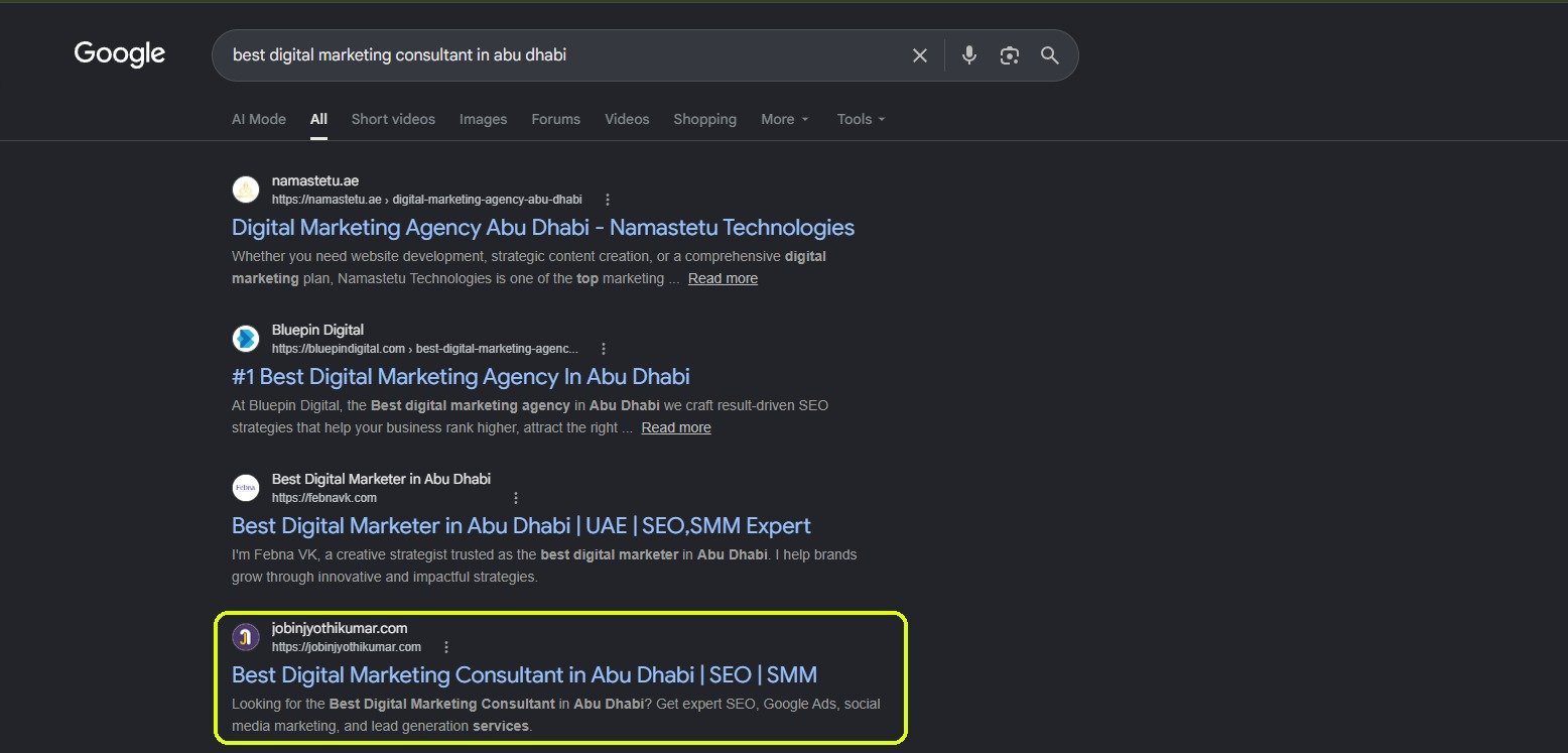 Google results page with jobinjyothikumar.com in fourth position